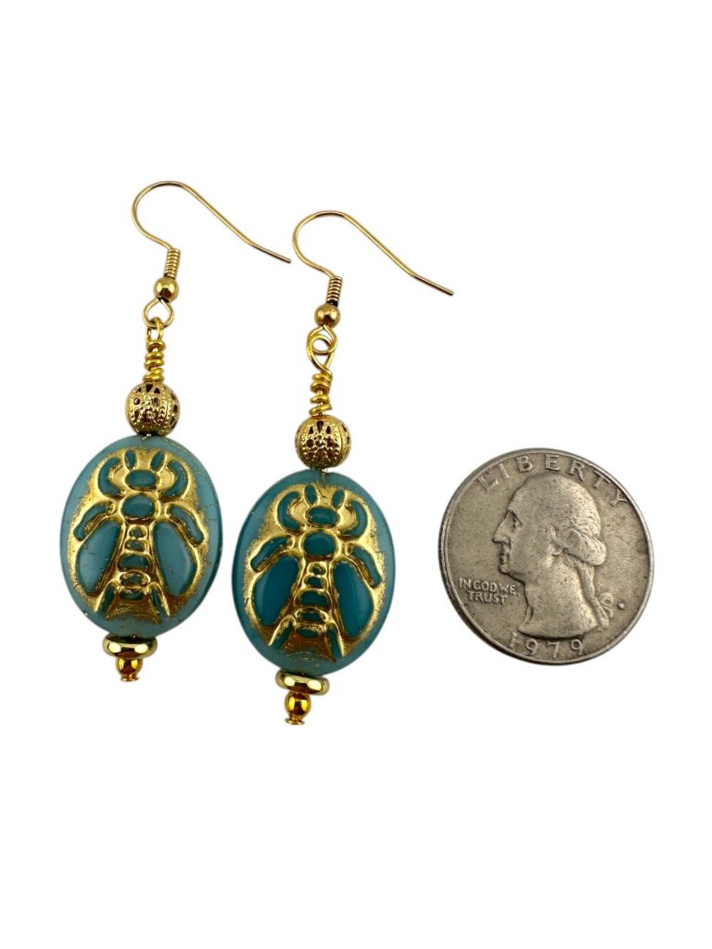 Czech Glass Bee Earrings Sky Blue Gold Dangle Cottagecore Boho Handmade - Picture 10 of 11